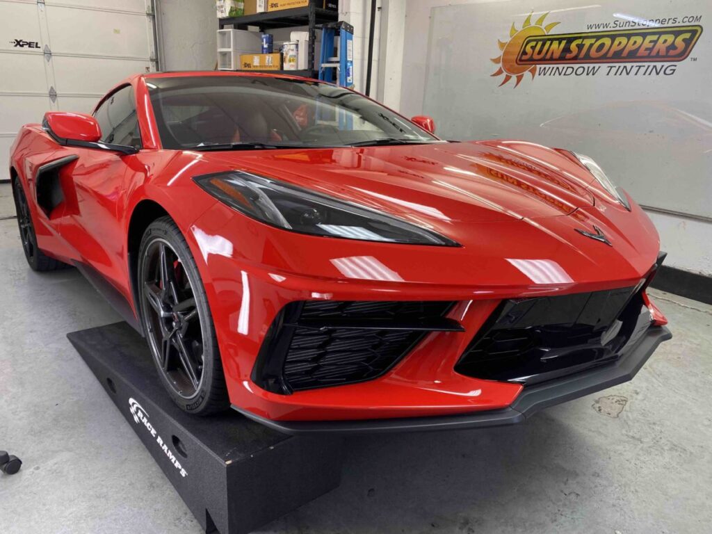paint protection film on a red corvette
