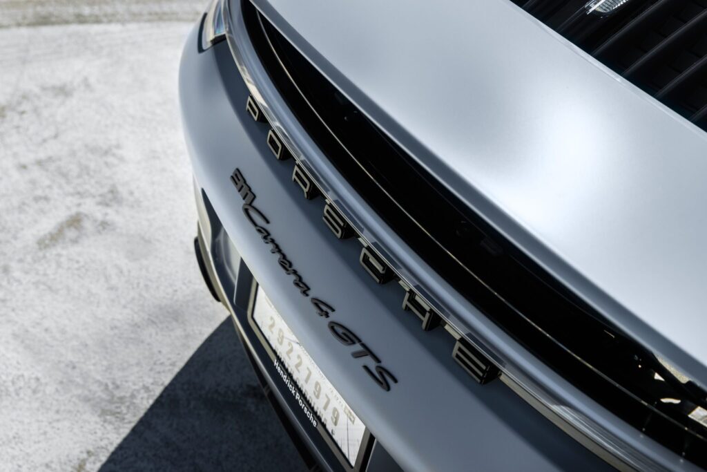 rearview close up of a gray porsche