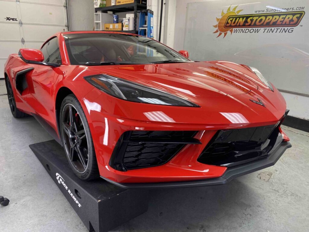 paint protection film on a red corvette