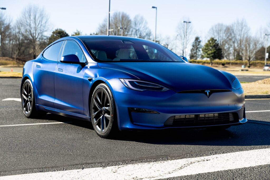 Blue Tesla with windows tinted