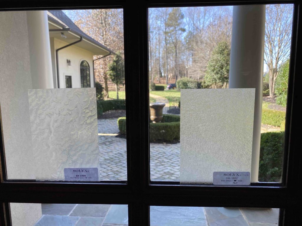 Outside doors with decorative window film.