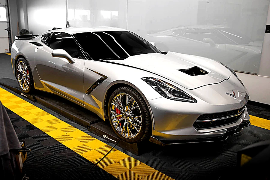 Corvette paint protection film for rock chips, road debris, bug acids, and track wear
